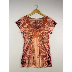 Boho Hippie Paisley Apt 9 Womens Small Orange Beaded Crochet Knit Top